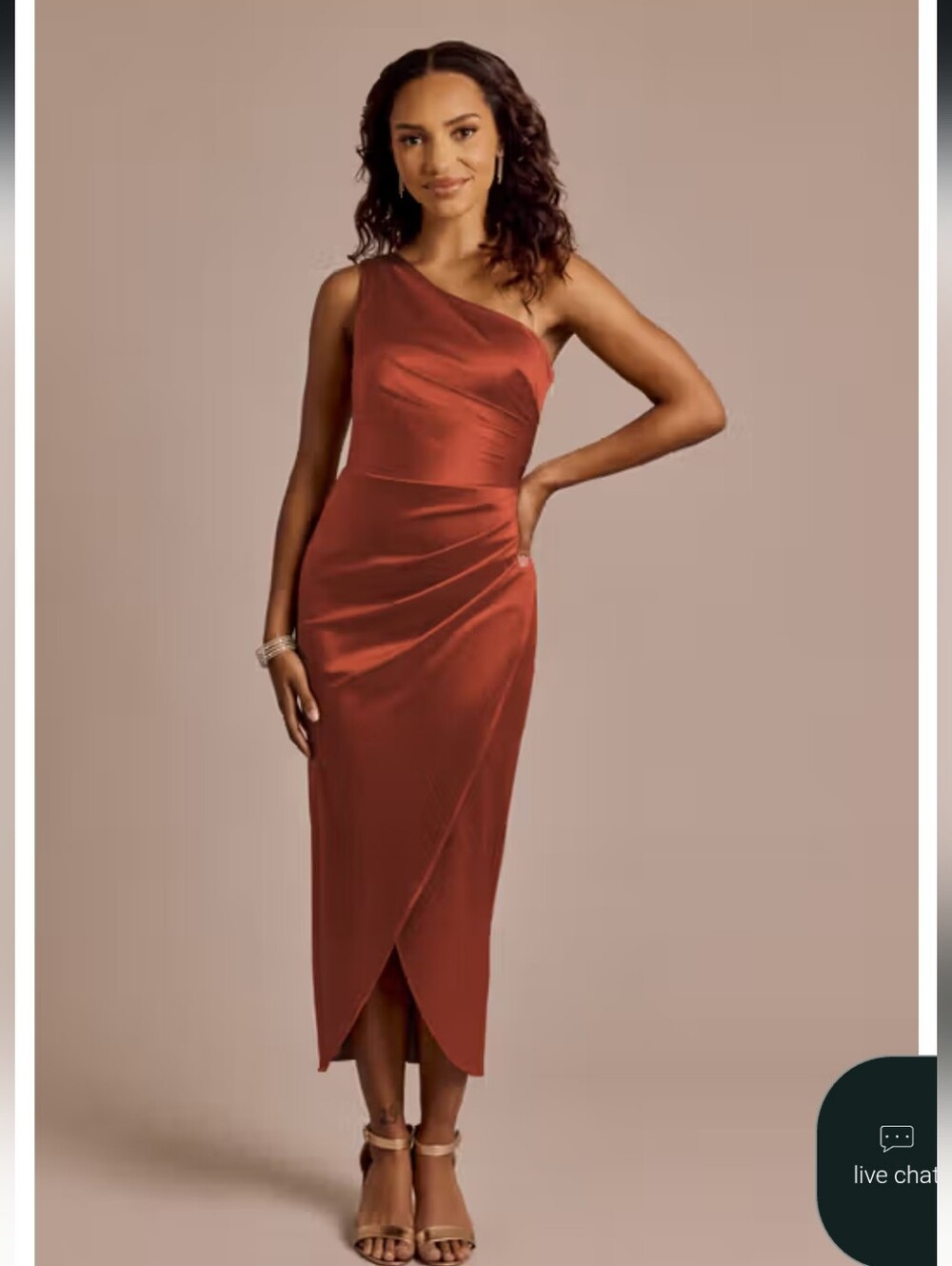 Davids Bridal One-Shoulder Satin Midi Dress- Size 2 Cinnamon Color